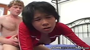 Flat-chested Asian babe gets her pussy smashed and facialized