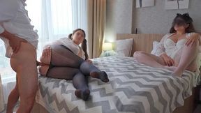 Wife Watches Husband Anal Fuck Young Student in Pantyhose