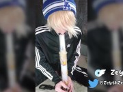 Blond Emo Stoner Boy in tracksuit plays with pump and gets High