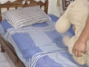 young man urinates his diaper and masturbates