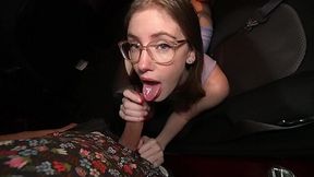 Hot sex in the car. Teen in glasses sucking on my dick and gets cum on her ass