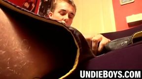Him pumping his uncut cock until cumming in tight undies