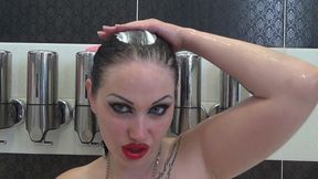 Naughty hair wetting, washing and brushing with sexy make-up JOI