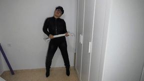 Slave cums on leather pants c