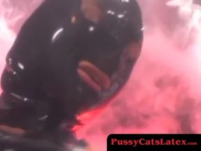 Latina dominatrix in latex suit teases and toys her submissive