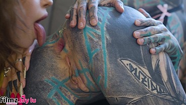 Alt-punk teen girls share a TATTOO cock