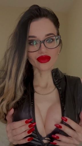 Leather outfit, toy, red lips and red long nails