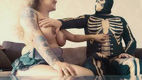 horny skeleton plays with big boobs girl