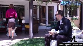 Brunette bombshell rides big cock in outdoor skirt scene