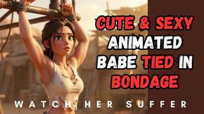 Animated cute torn vest babe so sexy she needs to be punished tied to a x frame in BDSM bondage fantasy struggle