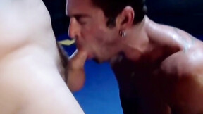 Rojer Beaumont knelt to suck on the big dick of Bryce while masturbating his di