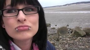 ”Nerd Brunette Blowjob & cumming beside beach”