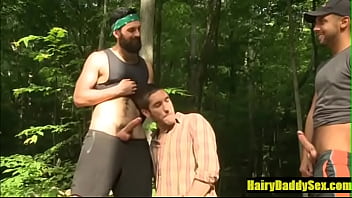 Lean Hairy Stud threesome outdoors- HairyDaddySex.com