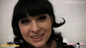 Tied up and dripping Bailey Jay gets her big cock teased in the bathroom