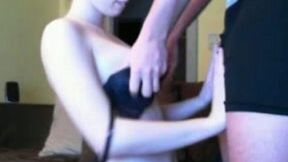 Slender pale leggy and horny amateur brunette sucked her BF's dick on cam