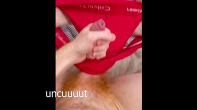 Cum oozing through Calvin Klein underwear toes in red head solo mess