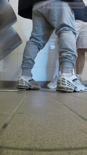 Amateur Boys in Sneakers Wank and Try Handjob in Public Toilets' Urinal
