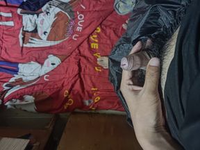 Wearing leather pants, jerking off