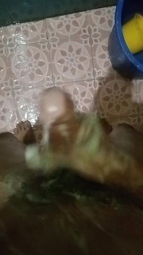 Playing with soap in the bathroom