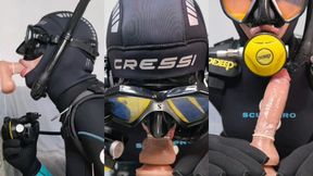 Scuba diver trains blowjob skills in full gear