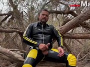 Rubber man with uncut cock pisses in public PREVIEW of 8 minutes of pissing