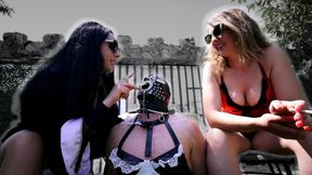 Smoking Domination Human Ashtray Sissy– Ezada Sinn and Lady Zeida use Sissy's gagged mouth as Ashtray