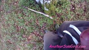 Mature man watches girl masturbate in the forest