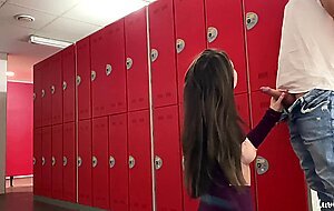 Luvgaru, guy jerking off in public gym dressing room | fitness girl helps him cum | almost caught