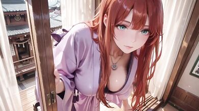 Red-haired kimono goddess kneeling under torii gate teased in soaked backless outfit