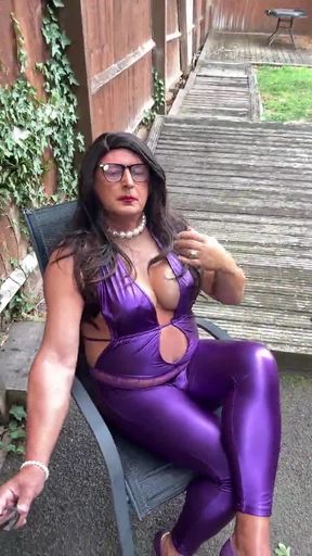 Sexy Crossdresser kellycd2022 in purple pvc catsuit and heels