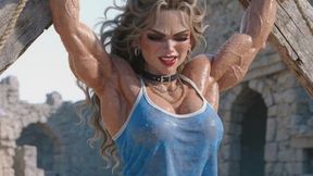 Sweating body builder hot muscled massive titted anime babe is chained up in bdsm bondage so you can watch her struggle