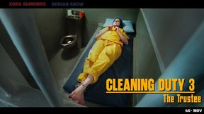 Cleaning Duty 3: The Trustee -Convict inmate trustee Kora Summers sweeps and scrubs the floor while shackled and wearing yellow scrub prisoner uniform while barefoot -4K -MOV