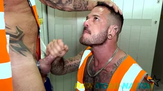 Horny homies swap places for raw bathroom fun with a tattooed construction worker