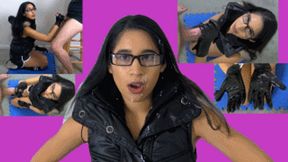 Street brat eRica milks a cock using her shiny leather gloves till it explodes all over her face!