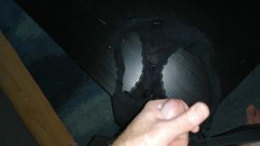 Fat old man jerking his hard cock and cumming in his wife panties.