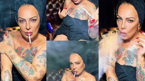 Beautiful stepmother smoking and applying body lotion after a shower - No makeup - Dunhill Menthol 100