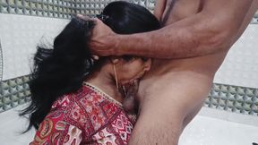 Real Indian Couple Hot Sex in Red Dress - Blowjob, Deepthroat, Missionary &amp; Doggy with Cum on Breasts