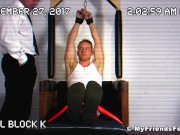 Two pervs tickling tied up jock all over his body in the prison
