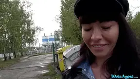Public Agent gives a deepthroat blowjob outside