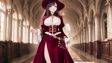 Red Robe Queen Gushing Choked In Gothic Corridor With Rising Skirt And Lazy Throne