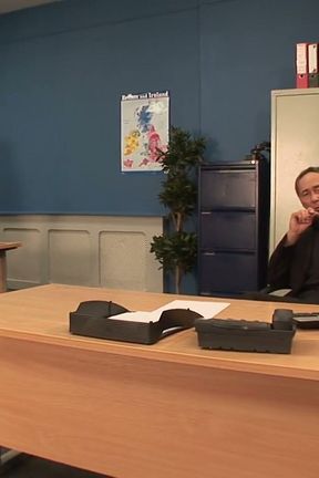 Hard group sex action with a brunette whore in the office