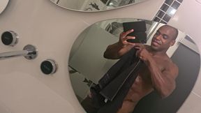 towel hanging from my erect cock