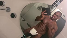 towel hanging from my erect cock