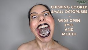 CHEWING COOKED SMALL OCTOPUSES - WIDE OPEN EYES AND MOUTH (Video request)