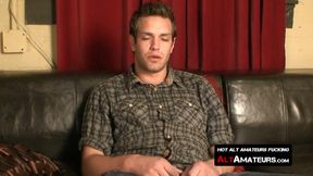 Inked handsome guy whips his big dick out and jerks it off