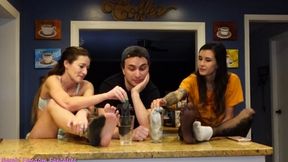 Greasy Rose and Constance's Sweaty Nylon Sock Tea - 720 HD - stinky foot sweat punishment on Bambi, nasty water, foot smelling, gagging, domination, humiliation, cruel roommates