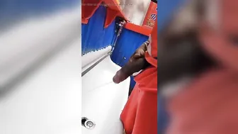 Black daddy with huge cock struggles to piss while hard
