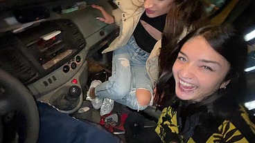 Double blowjob while driving a van