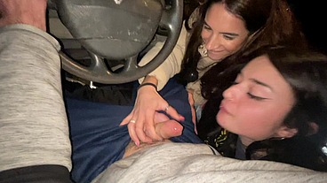 Double blowjob while driving a van