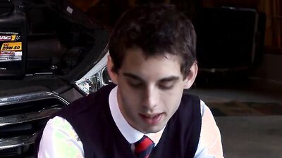 Cute student twink seduced by a mechanic stud and railed rough